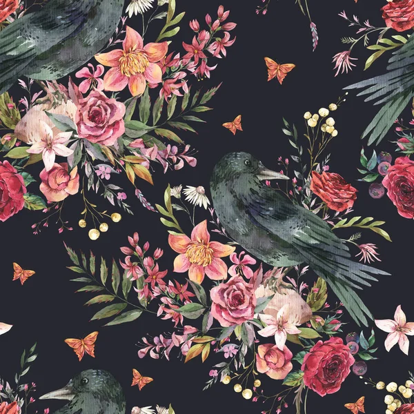 Corbeau Noir Motif Sans Couture Vintage Avec Des Fleurs Roses — Photo