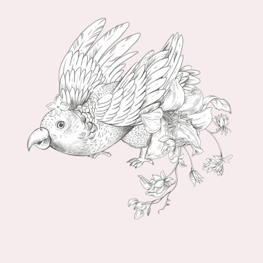 Çiçekli tek renkli klasik tebrik kartı olan bir kuş. Pembe arka planda doğal çiçek çizimi. Yaz papağanı.