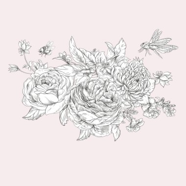 Nazik, klasik çiçek çizimi. Botanik çiçekleri. Naip tebrik kartı, barok tarzı el yapımı arka plan, Victoria çiçekleri.