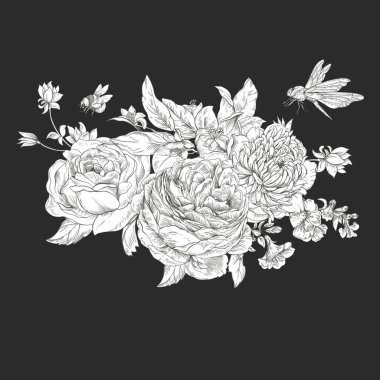 Nazik, klasik çiçek çizimi. Botanik çiçekleri. Naip tebrik kartı, barok tarzı el yapımı arka plan, Victoria çiçekleri.