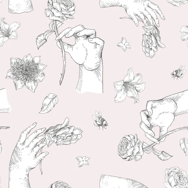 Vintage Florales Nahtloses Muster Mit Frauenhänden Botanische Blumen Regency Textur — Stockfoto