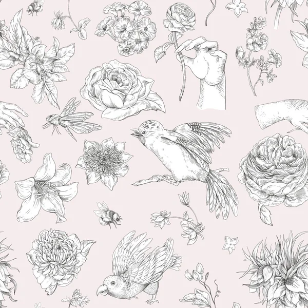 Vintage Monochromen Floralen Nahtlosen Muster Frauenhände Barockblumen Vögel Papageien Rosen — Stockfoto