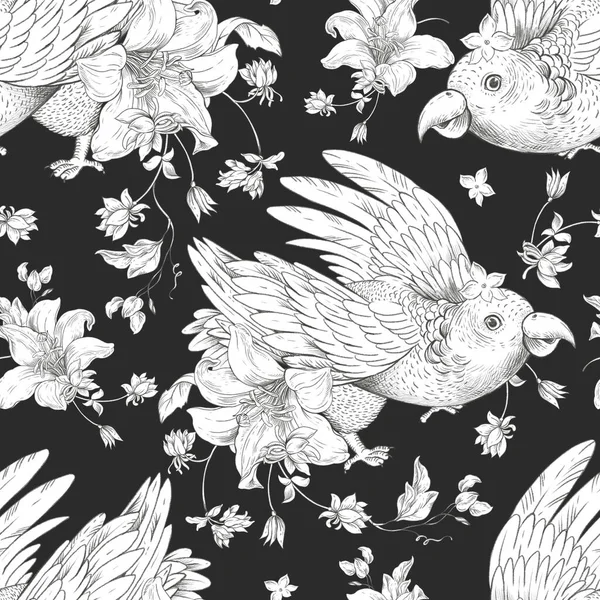花のモノクロヴィンテージシームレスパターンを持つ鳥 ピンクを基調とした自然な花の質感 黒い夏のオウムの鳥の壁紙 — ストック写真