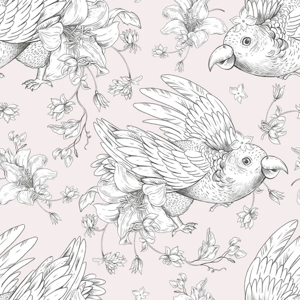 Bird Flowers Monochrome Vintage Seamless Pattern Natural Floral Texture Pink — Stock Photo, Image