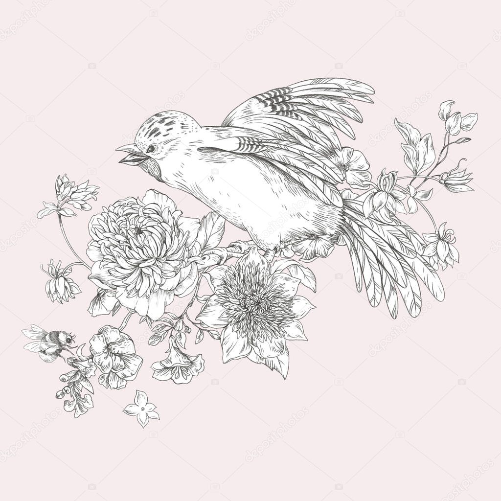 Bird with flowers monochrome vintage greeting card. Natural floral illustration on pink background.