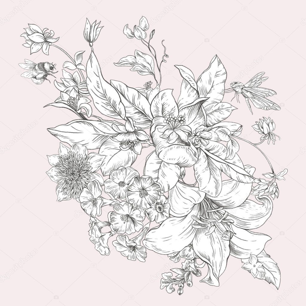Gentle vintage floral illustration. Botanical flowers. Regency greeting card, baroque style hand-drawn background