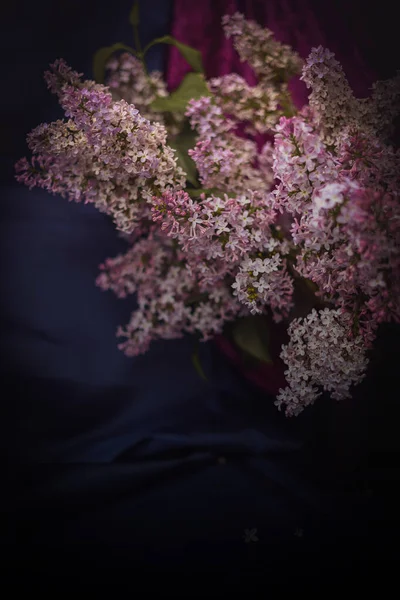 Tmavý Vinobraní Zátiší Krásnými Větvemi Šeříku — Stock fotografie
