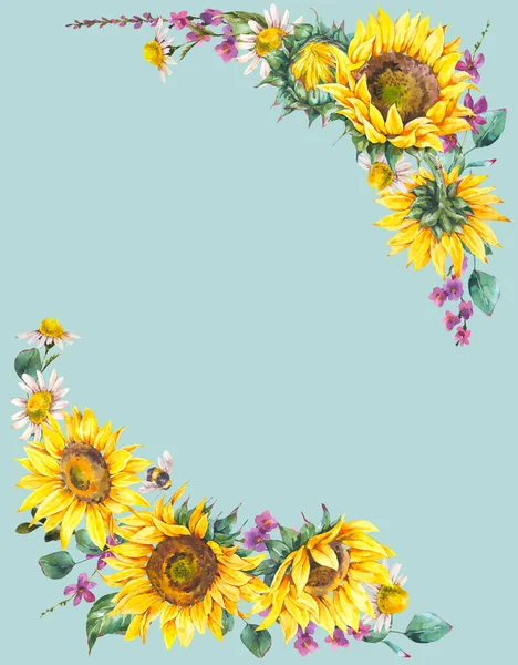 水彩ひまわり夏のヴィンテージリース 青で隔離された自然な黄色の花のフレーム 植物の背景 — ストック写真
