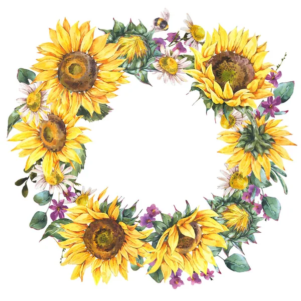 Akvarel Slunečnice Letní Vinobraní Věnec Přírodní Žlutý Květinový Kulatý Rám — Stock fotografie