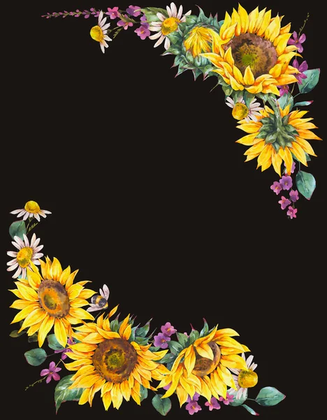 Aquarell Sonnenblumen Sommer Vintage Kranz Natürliches Gelbes Blumengestell Isoliert Auf — Stockfoto