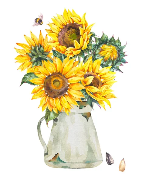 Watercolor rustic farmhouse sunflower bouquet, vintage white enamel jug, vase isolated on white background.. Yellow sunflower aesthetic vintage greeting card.