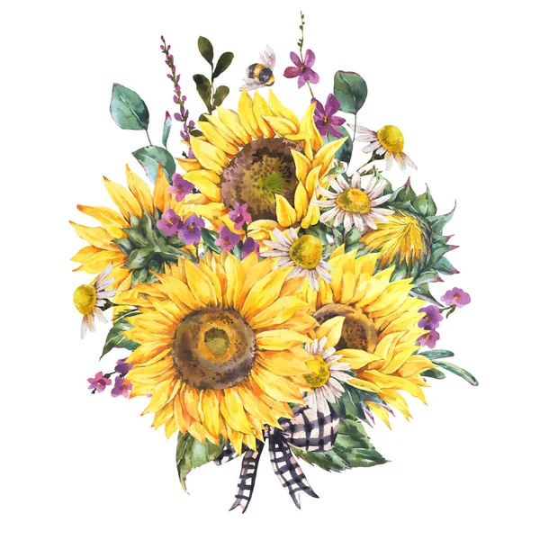 Watercolor Rustic Farmhouse Sunflower Wildflowers Meadow Flowers Bouquet Vintage Yellow — Stock Photo, Image