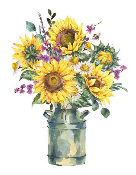 Watercolor rustic farmhouse sunflower bouquet, vintage jug, vase isolated on white background. Yellow sunflower aesthetic vintage greeting card. Summer floral collection.