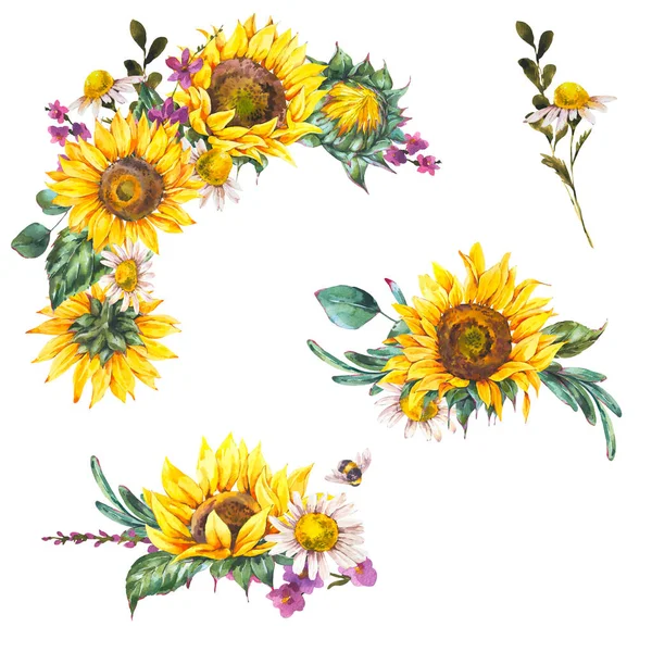 Aquarell Set Von Rustikalen Bauernhaus Sonnenblumen Wildblumen Wiese Blumen Strauß — Stockfoto