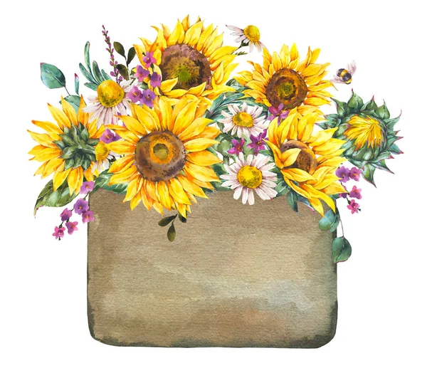 Watercolor rustic farmhouse sunflower label. Wildflowers, meadow flowers bouquet. Vintage yellow sunflower aesthetic greeting card isolated on white background.