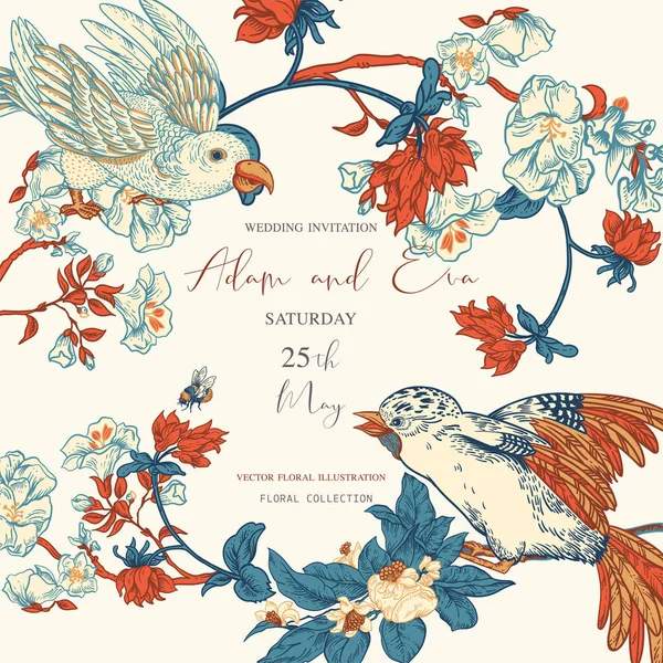 ヴィンテージベクトル花グリーティングカードと鳥 自然な花のイラスト 花の咲き方 リージェンシーコア植物カード — ストックベクタ
