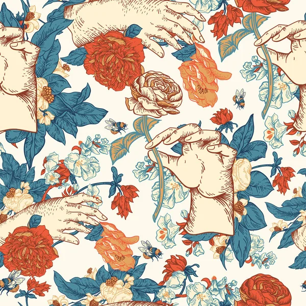 Винтажный Векторный Цветочный Бесшовный Рисунок Женской Рукой Роза Ботанические Цветы — стоковый вектор