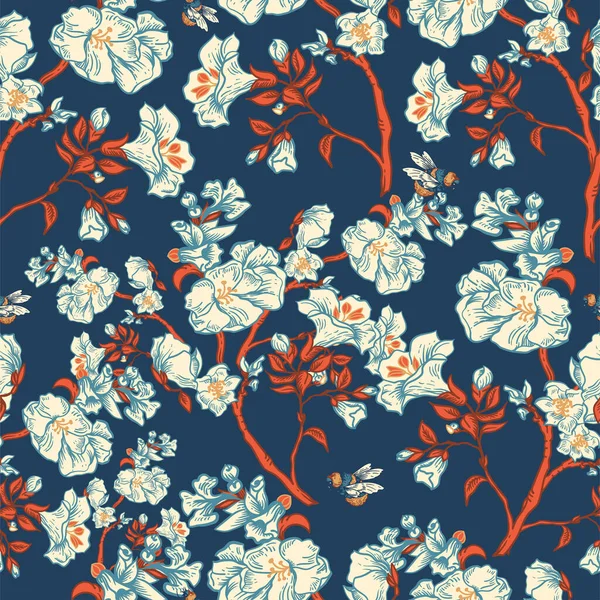 Suave Vector Azul Vintage Floral Patrón Sin Costuras Flores Botánicas — Vector de stock