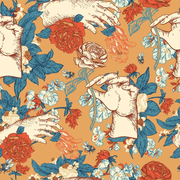 Винтажный Векторный Цветочный Бесшовный Рисунок Женской Рукой Роза Ботанические Цветы — стоковый вектор