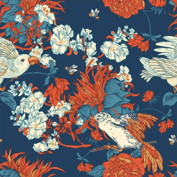 Винтажный Вектор Bird Цветами Безшовным Узором Натуральная Цветочная Иллюстрация Цветочная — стоковый вектор