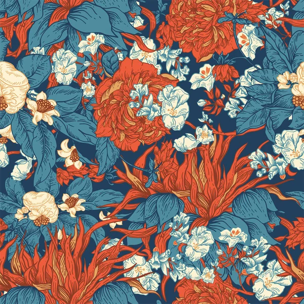 優しいブルーベクトルヴィンテージの花シームレスパターン 植物の花 リージェンシーの質感 バロック様式の手描きの背景 — ストックベクタ