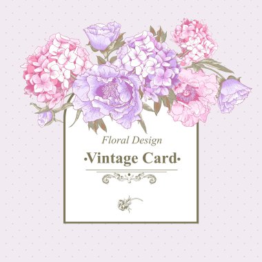 Ortanca ve peonies Vintage tebrik kartı