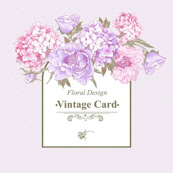 紫陽花と牡丹ビンテージ グリーティング カード — ストックベクタ