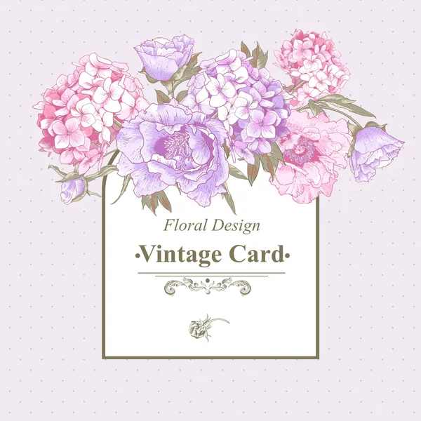 Carte de voeux vintage avec hortensia et pivoines — Image vectorielle