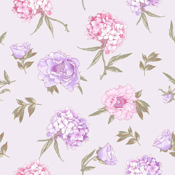 Fondo sin costuras con hortensias y peonías — Vector de stock