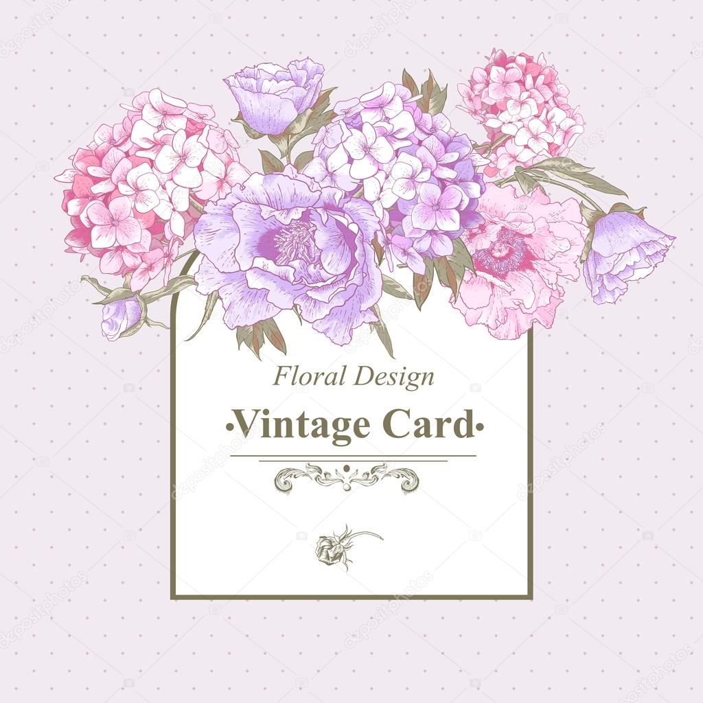 Vintage Greeting Card with Hydrangea and Peonies