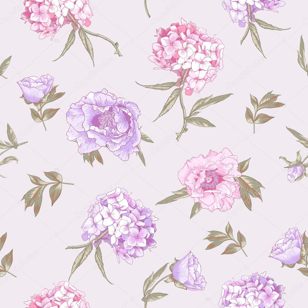 Seamless Background with Hydrangea and Peonies