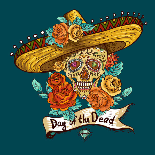 Floral Background with Skull in Sombrero