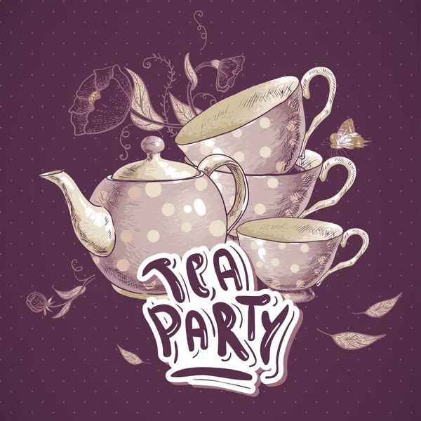 Tea party Pozvánka poháry a pot — Stock vektor