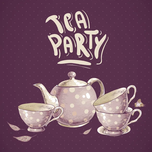 Tea party invitation card with a Cups and Pot — Stock Vector