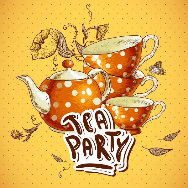 Tea party invitation card with a Cups and Pot — Stock Vector