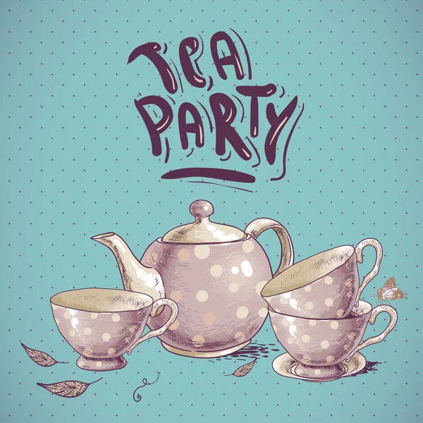 Tea party invitation card with a Cups and Pot — Stock Vector