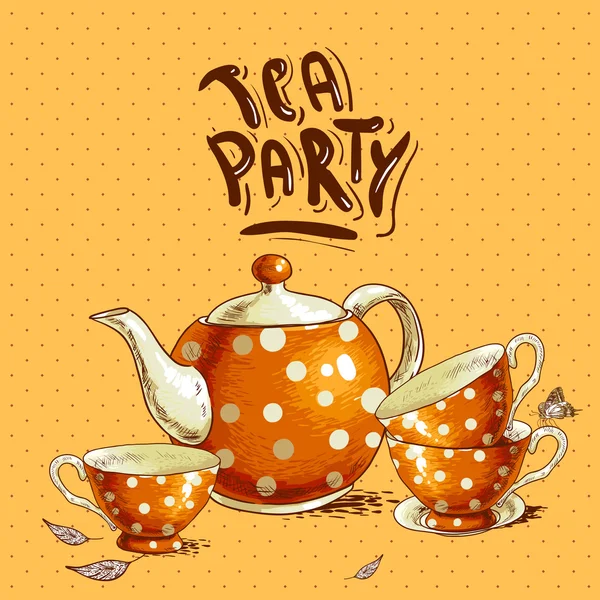 Tea party zaproszenie karty z filiżanki i pot — Wektor stockowy