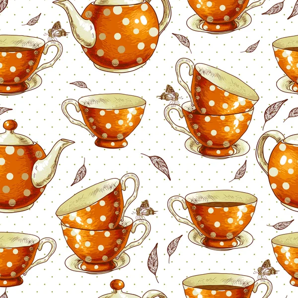 Бесшовный фон с чашками чая и кастрюлями — стоковый вектор