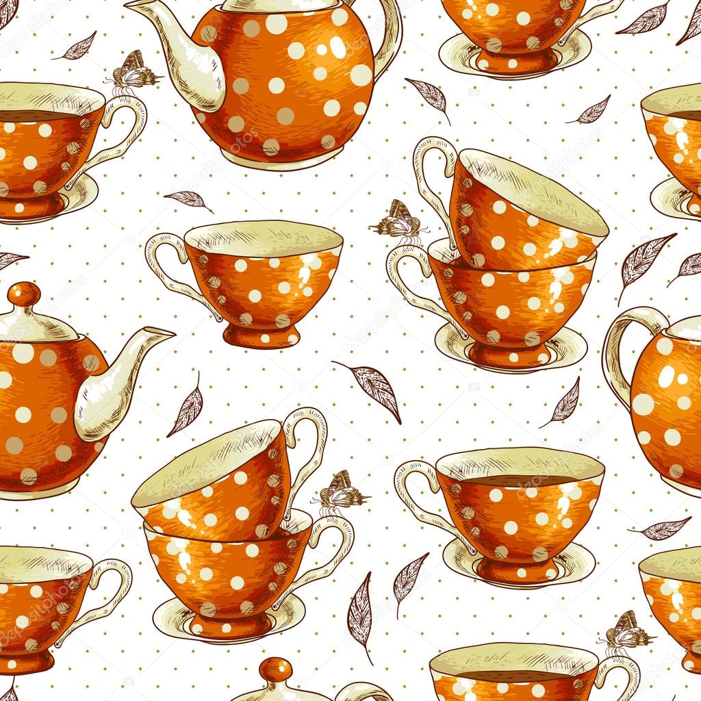 Seamless background with cups of tea and pots
