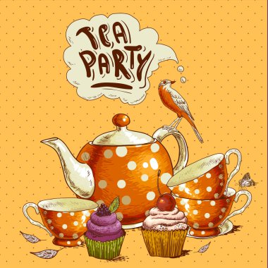 çay partisi davetiye kartı cupcake ve pot