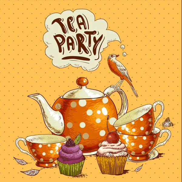 Tea party inbjudningskort med en cupcake och potten — Stock vektor