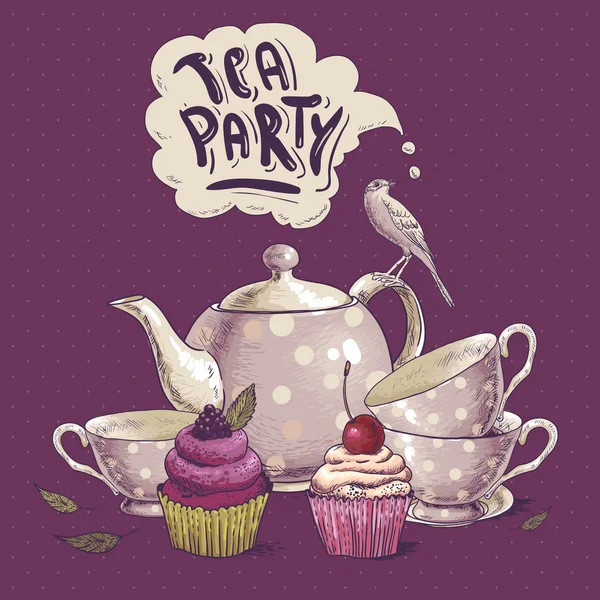 Einladungskarte zur Teeparty mit Cupcake und Topf lizenzfreie Stockillustrationen