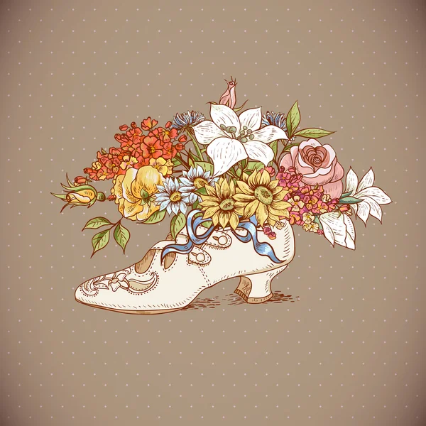 Fondo vintage con flores y zapatos — Vector de stock