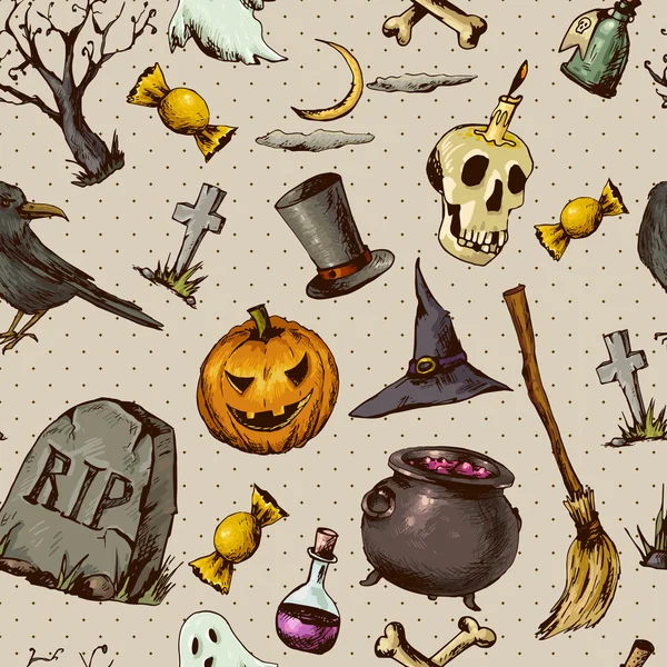 Vintage disegnato a mano Halloween Sfondo senza cuciture — Vettoriale Stock