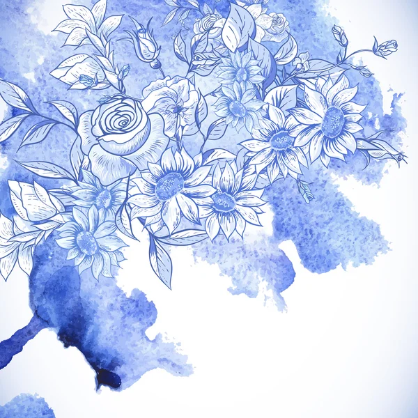 Cartão de saudação azul vintage com flores — Vetor de Stock