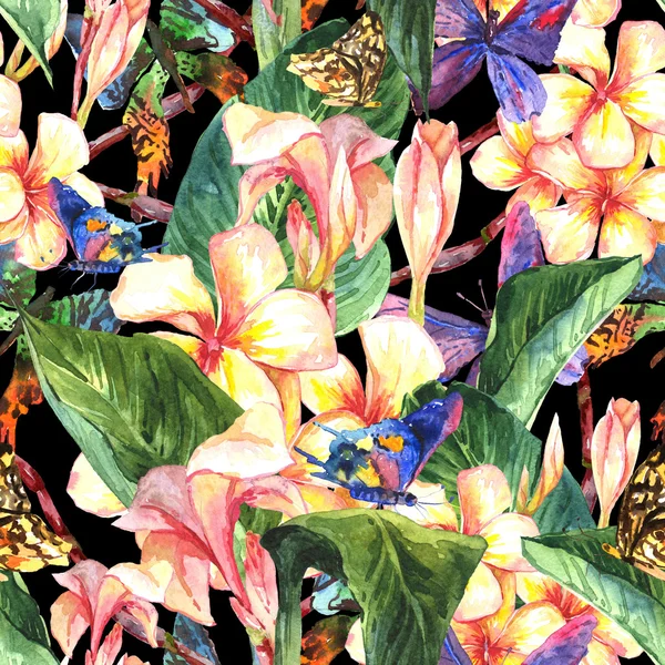 Тропический бесшовный узор с экзотическими цветами — стоковое фото