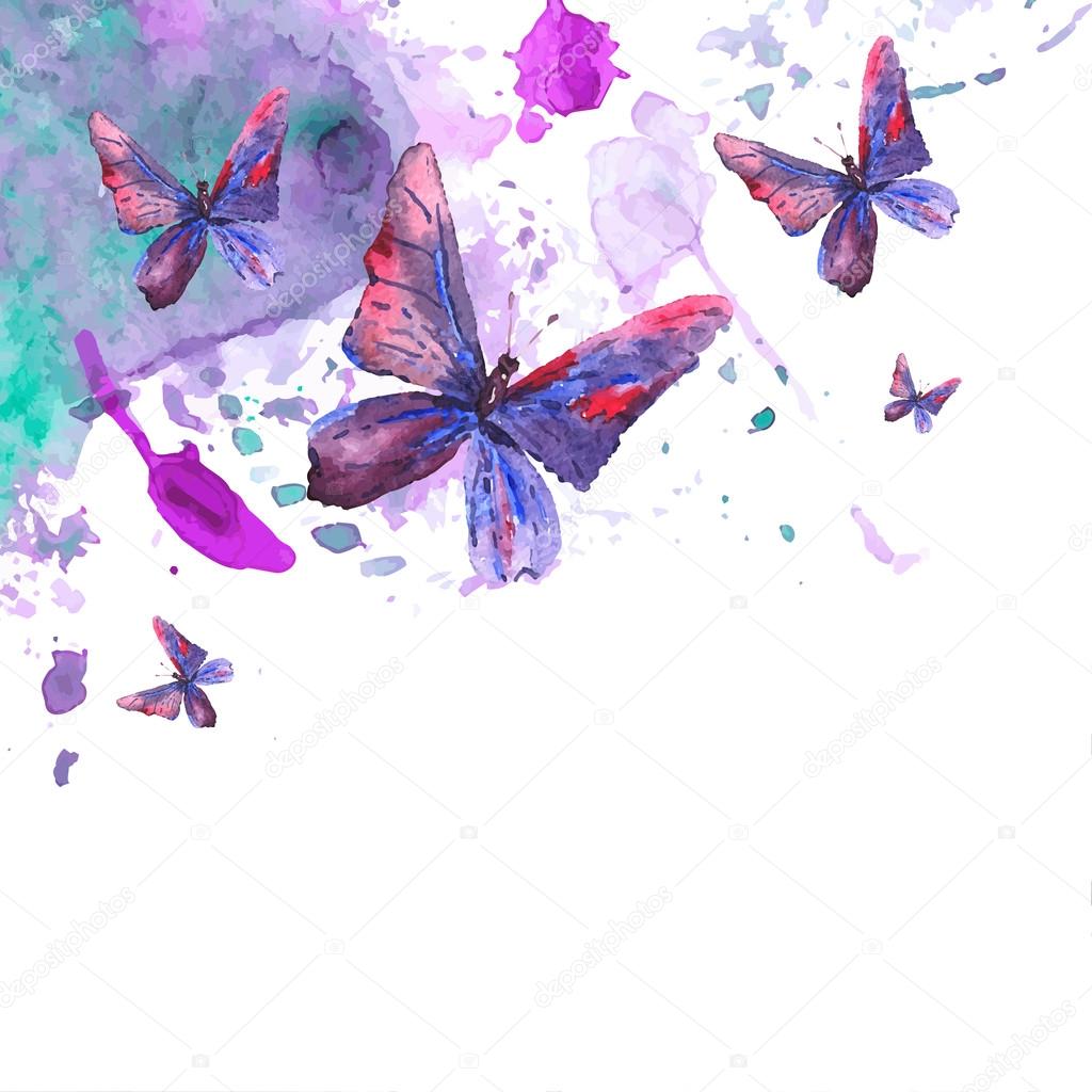 Abstract watercolor background with butterflies