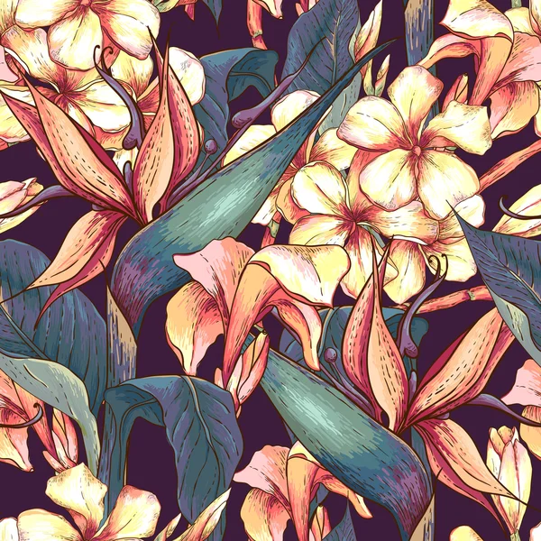 Patrón tropical sin costuras con flores exóticas . — Archivo Imágenes Vectoriales
