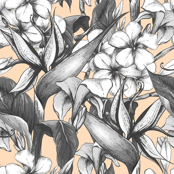 Monochroom naadloze patroon met exotische bloemen — Stockvector