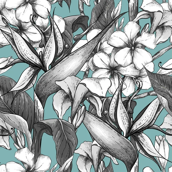 Monochrome seamless pattern with exotic flowers — Stock Vector